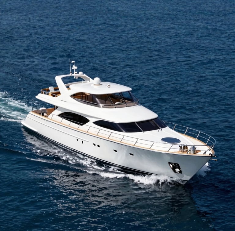 A sleek classic yacht cutting through deep blue water under bright natural daylight, crisp high-contrast shadows, 35mm lens