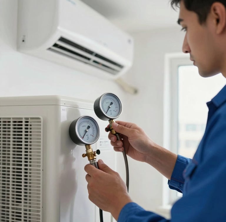 Close-up shot of a professional HVAC technician in a clean blue uniform calibrating a modern split AC unit in a bright, high-key Saudi interior, cool daylight tones, focus on digital manifold gauge.