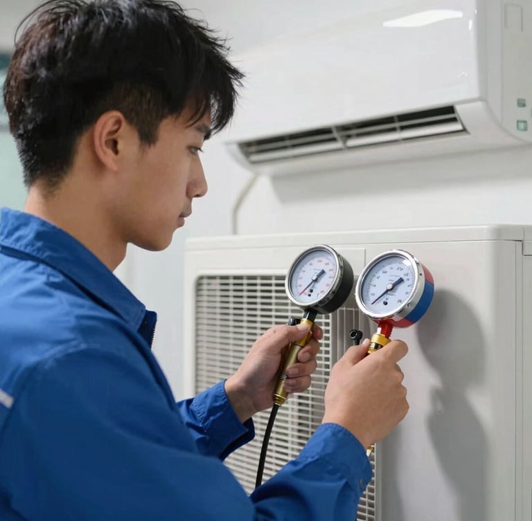 A close-up portrait of a certified technician in a clean blue uniform using digital pressure gauges on a premium split AC unit, bright cool natural daylight.