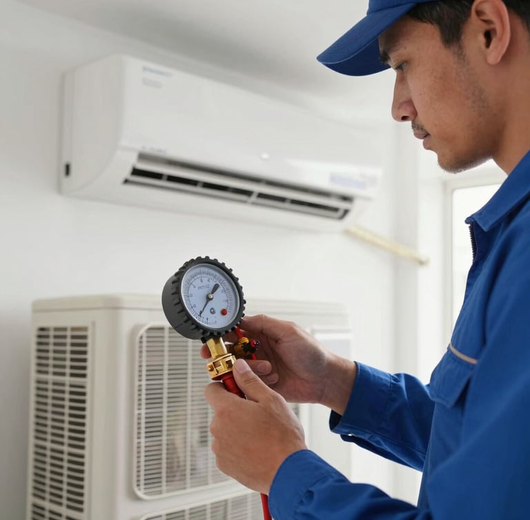 Close-up of a certified HVAC technician in a clean blue uniform using a digital pressure gauge to calibrate a modern split AC unit in a bright, pristine Riyadh residential interior, cool daylight.