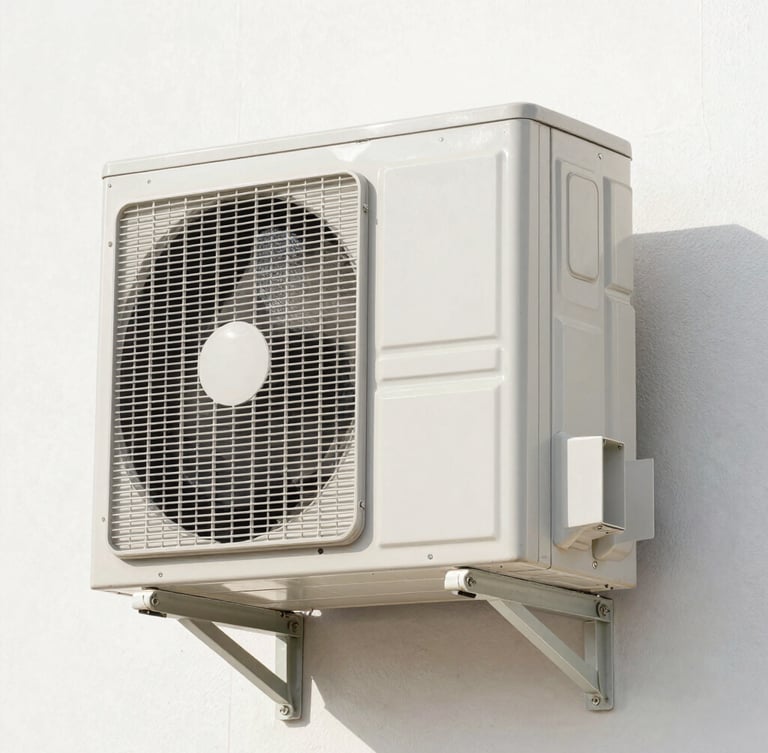 A close-up of a brand new, clean outdoor AC condenser unit being mounted securely on a pristine white exterior wall in Saudi Arabia. Bright, high-key natural daylight.
