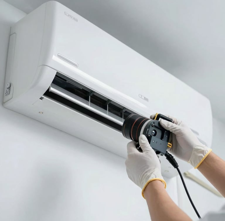 A pristine split AC indoor unit being calibrated by a technician wearing clean white protective gloves, bright cool natural light, clinical precision.