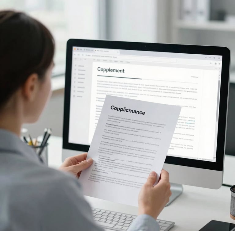Over-the-shoulder shot of a lawyer reviewing compliance documents on a clean monitor in a bright, modern office with cool daylight.