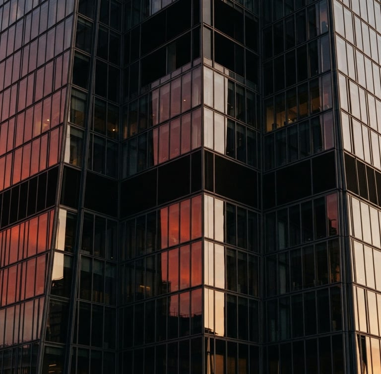 Close-up architectural crop of a UK skyscraper reflecting soft golden hour light on its glass facade, editorial 35mm composition with deep shadows