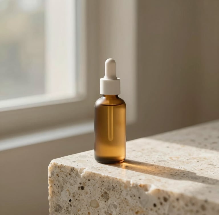 A minimalist amber bottle resting on a textured travertine stone, soft morning window light casting warm shadows, shallow depth of field, 35mm