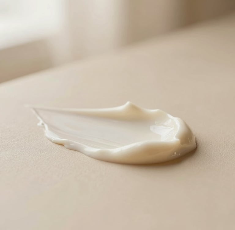 Close-up of clean, luxurious cream texture on a soft beige surface, warm diffused lighting, elegant and minimalist composition