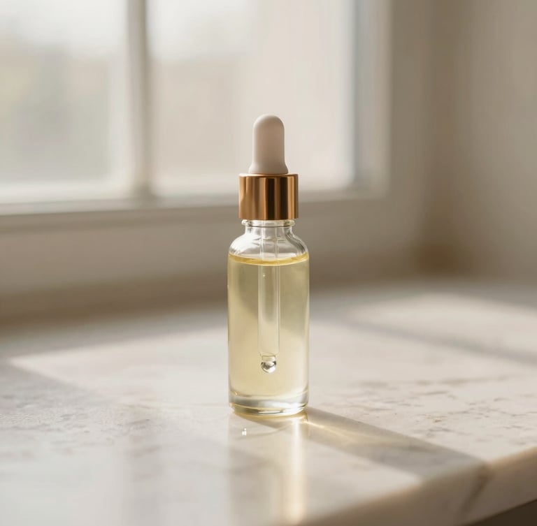 Portrait orientation of clean cosmetic oil dripping from a glass dropper onto a smooth marble surface, soft warm morning light, shallow depth of field
