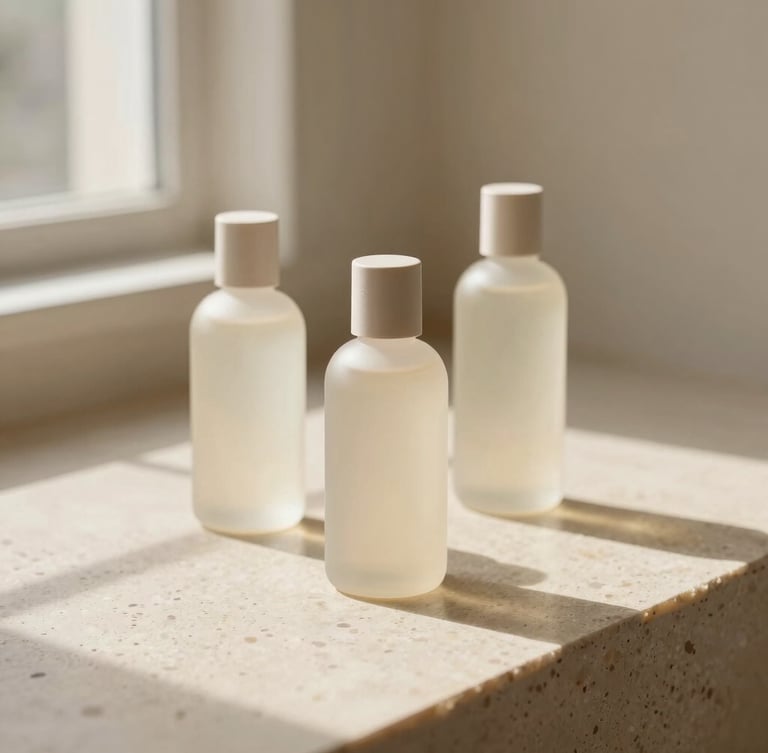 Minimalist premium product bottles resting on warm travertine stone, soft morning window light with gentle shadows, muted beige and alabaster tones, 35mm photography