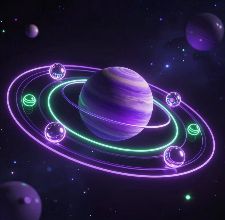 Futuristic 3D render of glowing planetary orbits representing career clusters, deep space cosmic background, neon purple and green data nodes, glassmorphism, cinematic lighting