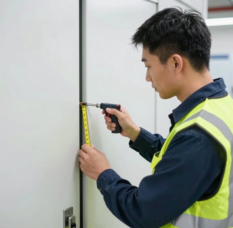 A certified inspector in a clean high-vis vest measuring the gap of a commercial fire door with a gap gauge, bright clean indoor lighting, 35mm