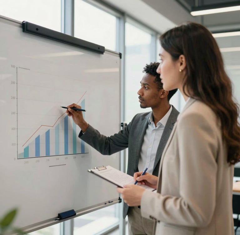 A collaborative whiteboard session in a bright modern tech office, a female executive and a minority founder analyzing a growth chart, natural window light, professional warm tones, 35mm