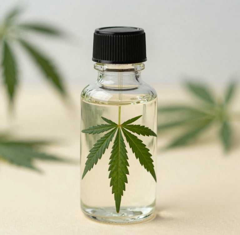 Editorial macro photography of clean, premium apothecary-style glass cannabis jar on a warm cream surface, soft natural overcast daylight, 35mm