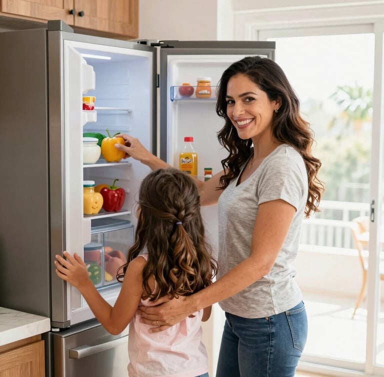 Bright high-key commercial photography, a smiling Mexican mother and her daughter in a warm domestic kitchen with a new refrigerator, natural daylight streaming through a window, vibrant colors.