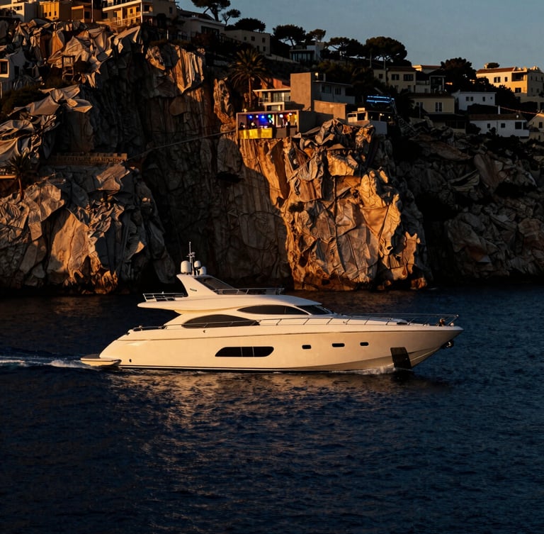 Sleek luxury motor yacht cruising near Palma de Mallorca cliffs at golden hour, deep blue sea, high-contrast warm sunset light hitting the hull, sophisticated editorial framing