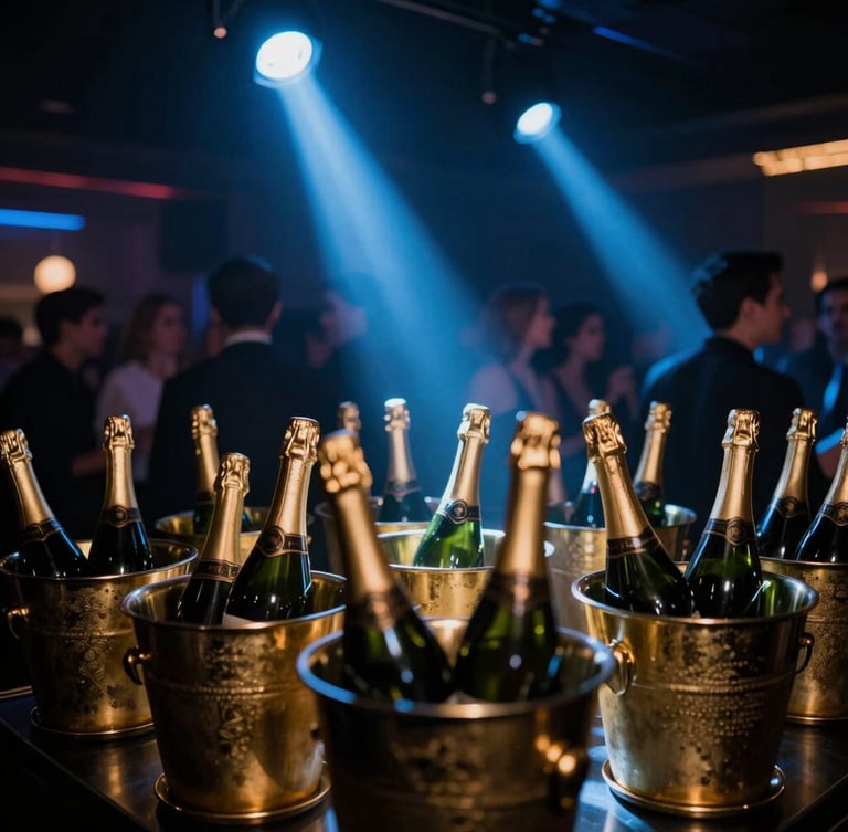 Low-key dramatic club interior, champagne bottles in gold buckets illuminated by electric blue spotlights, elegant crowd in background, high contrast, 35mm film