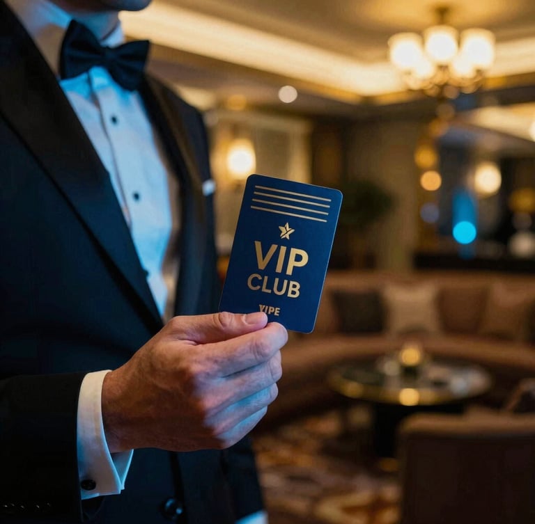 Close-up of a luxury concierge hand holding a VIP club pass, elegant evening suit, blurred background of a premium lounge with warm golden and electric blue lights, high contrast, 35mm film