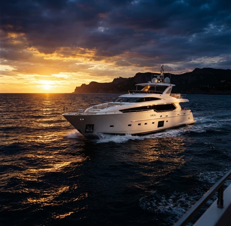 Sleek white luxury yacht cruising on the deep blue Mediterranean sea during golden hour, dramatic low-key lighting, gold sunset reflections on water, 35mm film