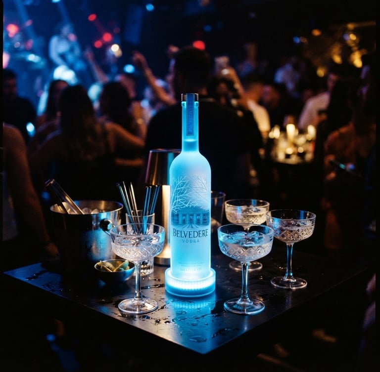 Immersive close-up of premium bottle service with glowing electric blue lights in an ultra-exclusive club VIP area, high contrast, 35mm film