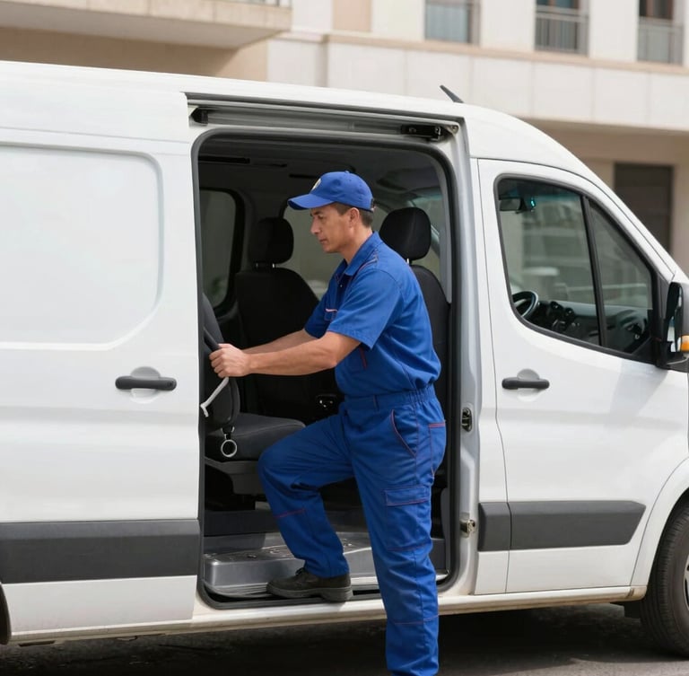 Crisp editorial photography, bright daylight, a professional plumber in blue uniform driving a clean service van through a modern Casablanca street, sharp focus