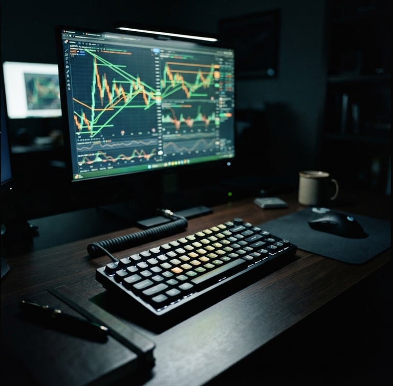 Low-key moody photography of a dark trading desk, screen glow reflecting on a clean mechanical keyboard, neon green technical indicators on a monitor, 35mm lens
