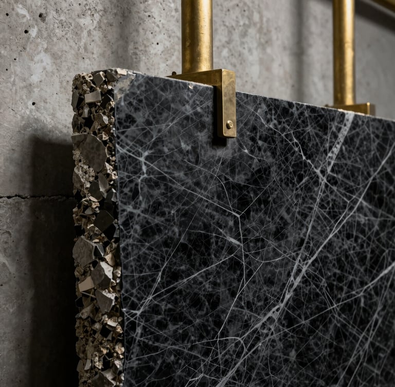 Close-up of premium raw materials, highly veined black marble slab resting against textured concrete, brushed brass structural rods, dramatic side-lighting.