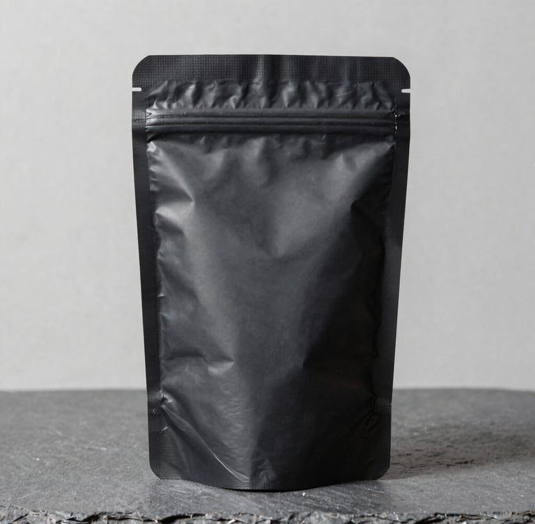 Sharp studio product photography of a custom-printed matte black mylar stand-up pouch standing upright on a neutral slate-gray background, bright clean daylight, high detail, 50mm
