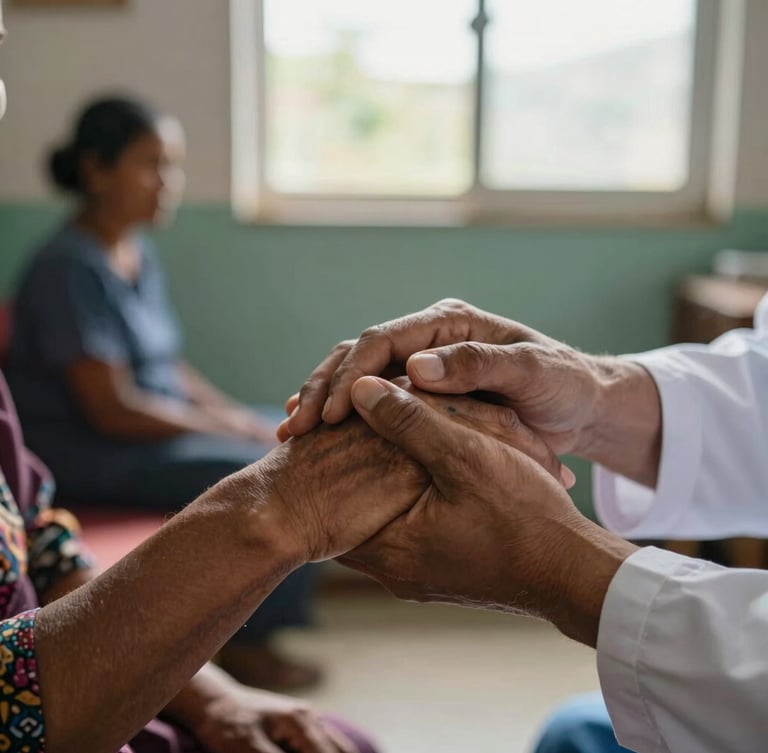 Close-up of a healthcare worker's hand reassuringly holding an expectant mother's hand in a local community center, soft natural window light.