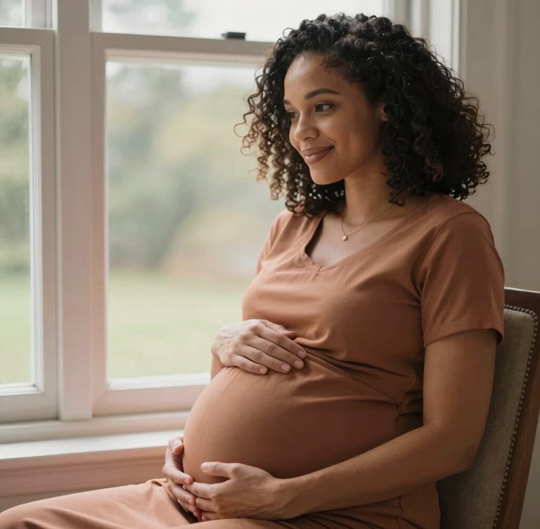 A warm, natural light portrait of a diverse expectant mother in Indiana sitting by a window, soft focus, holding her belly gently, terracotta tones.