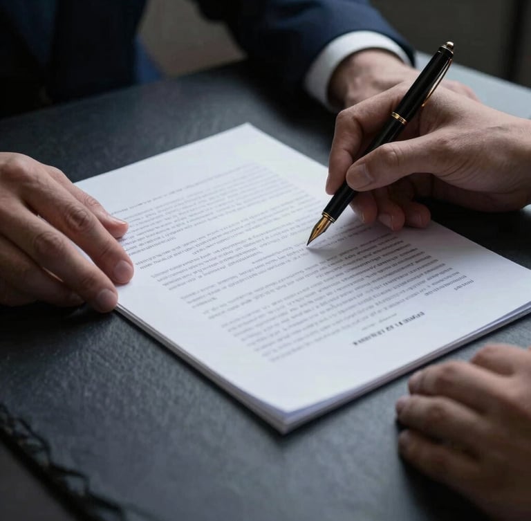 Close-up of hands reviewing legal documents on a dark slate table, elegant fountain pen, dramatic side-lighting with high contrast, cool tones.