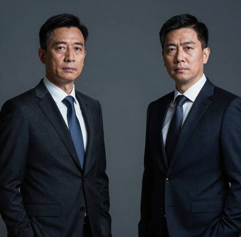 Symmetrical composition of two professional executive attorneys standing side-by-side in dark tailored suits, looking serious and resolute, dramatic side-lighting, cool slate background