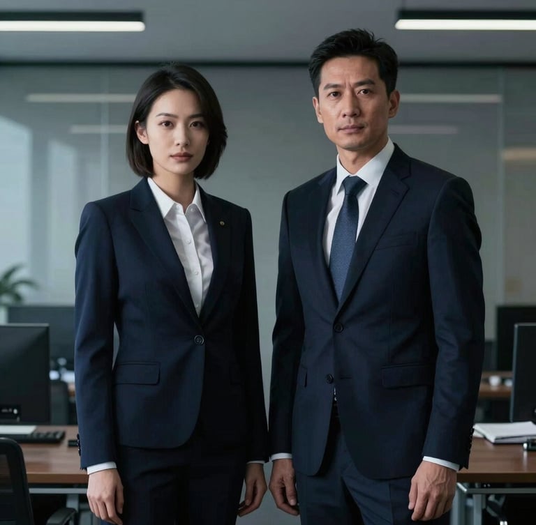 Dramatic environmental portrait of two corporate lawyers, a man and a woman in dark tailored suits, standing in a sleek modern office, low-key side lighting, deep navy tones, sharp focus, 35mm