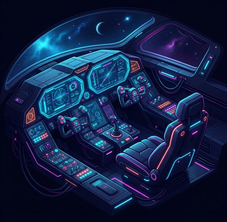 Sleek 3D vector illustration of an aircraft cockpit with glowing neon flight displays, dark mode aesthetic, isometric perspective, high-tech digital glow