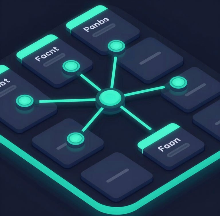 Sleek 3D vector illustration of a digital interface showing flight connection routes and interactive quiz cards, glowing neon cyan accents, dark mode