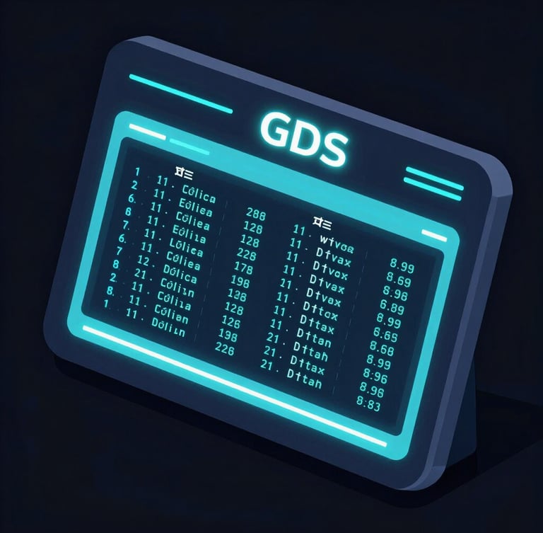 Sleek 3D vector illustration of an interactive GDS terminal screen showing monospaced flight reservation codes, neon cyan syntax highlighting, glowing interface lines