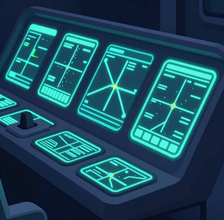 A close-up 3D vector illustration of a futuristic flight deck console, glowing neon cyan screens displaying flight routes, dark mode aesthetic