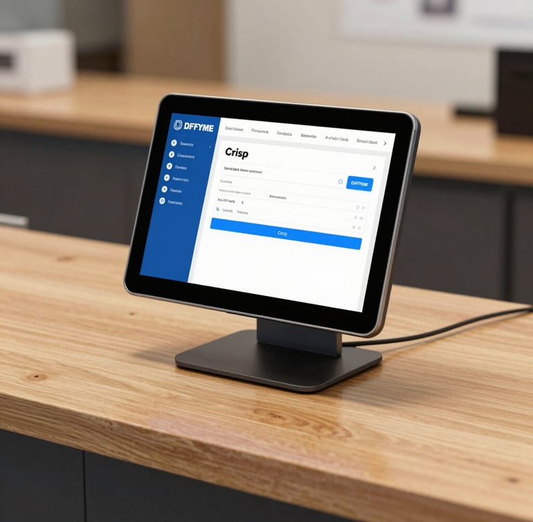 Crisp front-facing POS terminal mockup on a bright wooden counter, displaying the DFPYME sales interface with clean layout and blue accents.