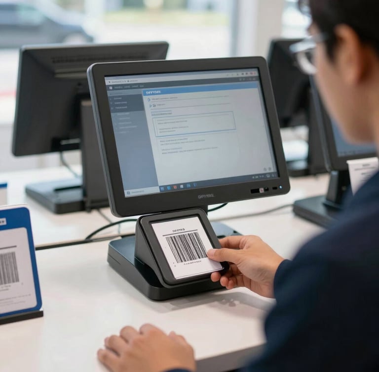 Crisp over-the-shoulder shot of a hand scanning a product barcode at a modern retail counter, bright natural daylight, POS terminal screen visible with clean DFPYME interface.