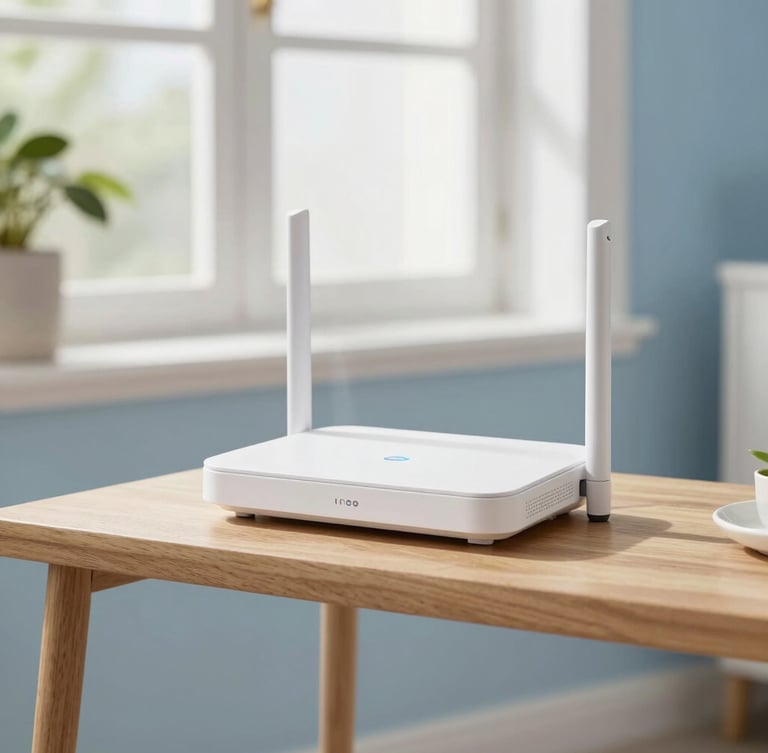 A clean, modern home router sitting on a wooden shelf in a bright British living room, soft morning daylight filtering through a window, professional photography