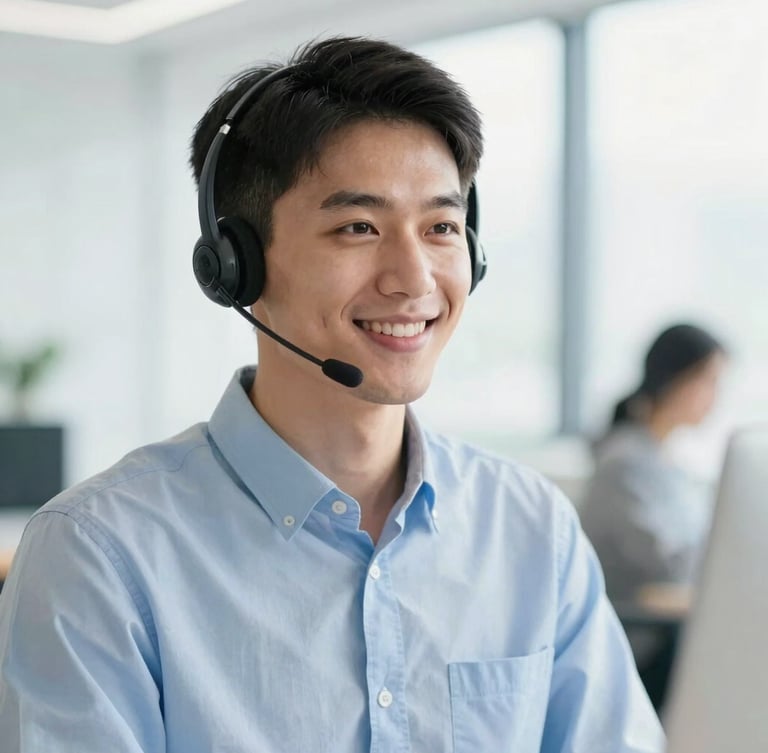 A friendly professional UK customer advisor with a headset, smiling in a bright modern office with soft daylight, shallow depth of field