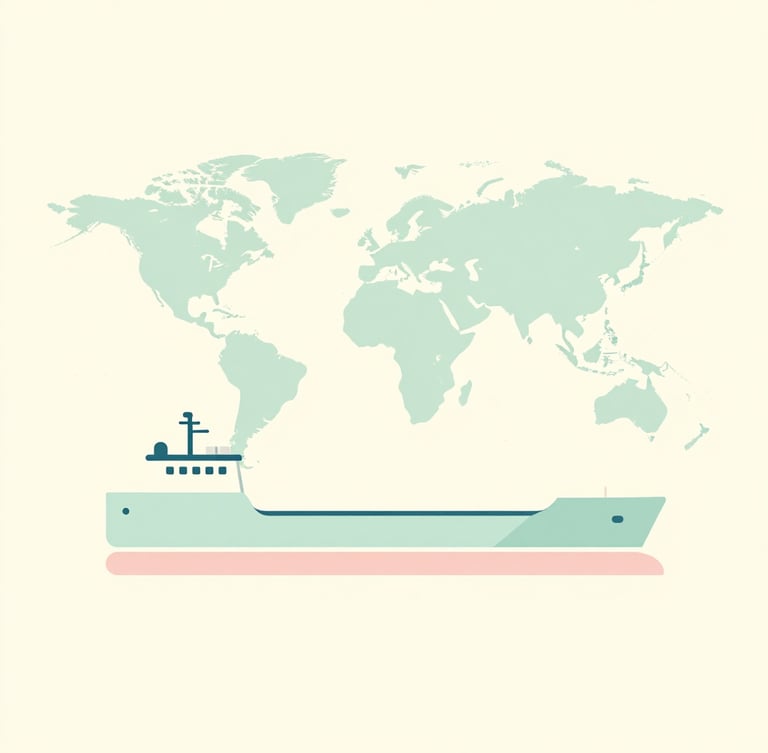Flat vector illustration of a stylized cargo vessel and global map in soft pastel cream, mint green, and blush pink, minimalist clean lines, bright negative space