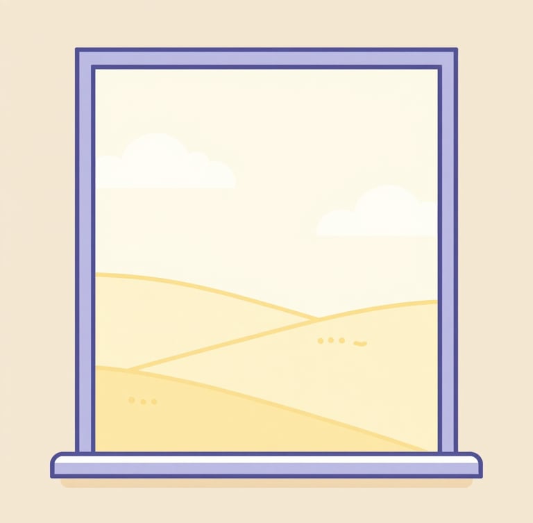 Minimalist vector line art of a modern office window overlooking a soft pastel Iowa landscape, cream yellow and lavender tones, clean airy composition