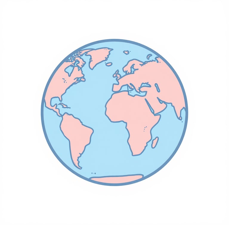 Minimalist flat vector illustration of a globe with soft pastel lines, sky blue and blush pink geometric shapes, bright and airy background