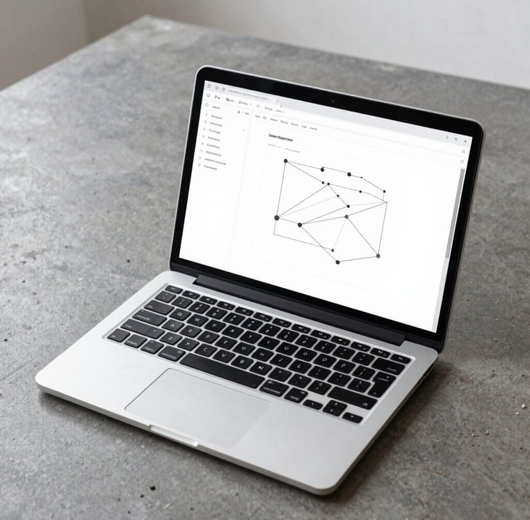 Overhead studio shot of a sleek laptop on a minimalist dark concrete desk, screen displaying a clean, modern wireframe layout with connecting node lines, bright neutral daylight, sharp focus.
