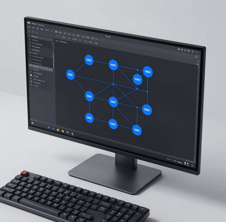 Overhead clean studio shot of a high-resolution display showing an active n8n workflow canvas with connected nodes, crisp blue vector lines on a dark interface, modern mechanical keyboard in the foreground.