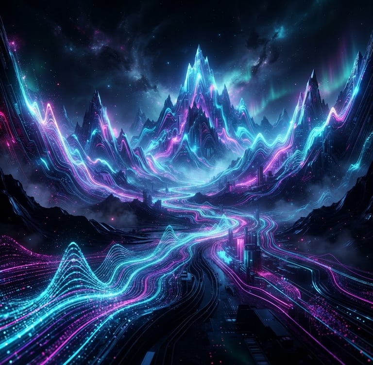 Abstract generative landscape of soundwaves morphing into surreal neon mountains, high-contrast digital luminescence, deep shadows, ultra-detailed synthetic textures, octane render