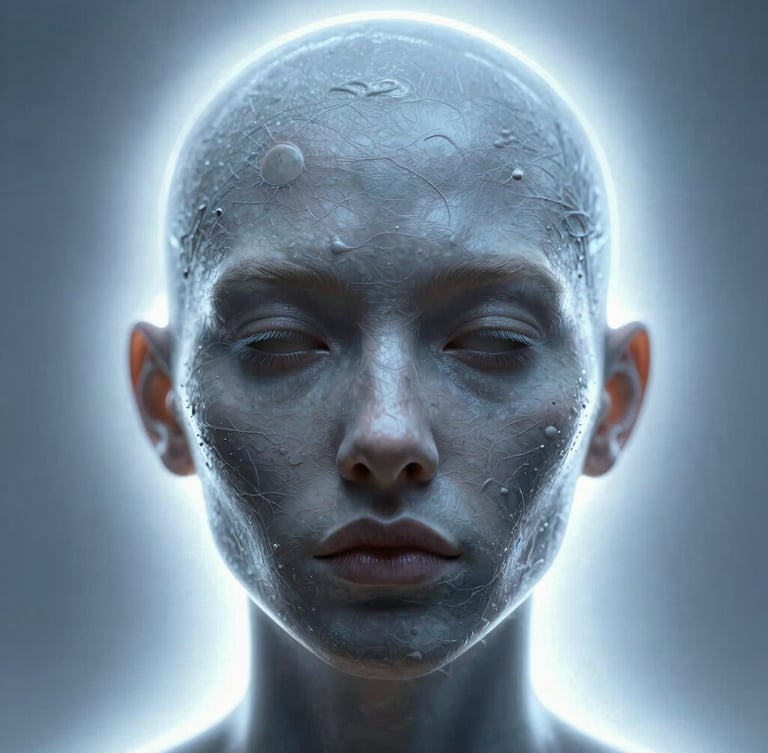 Surreal digital portrait with flawless but uncanny textures, high-contrast digital luminescence, neon backlighting, dramatic chiaroscuro, octane render