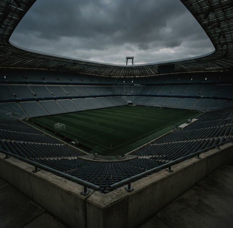 Cinematic wide shot of an empty stadium at dusk under overcast skies, deep shadows, moody editorial photography, 35mm film grain