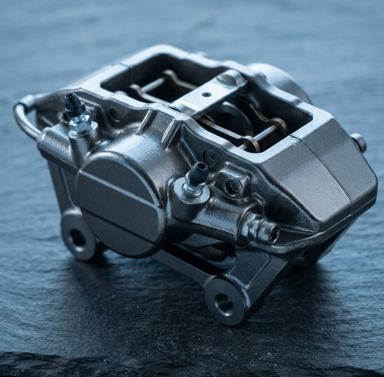 Macro close-up of a pristine, uninstalled steel brake caliper resting on a clean dark slate industrial surface, sharp metallic reflections, cool blue studio lighting, 50mm
