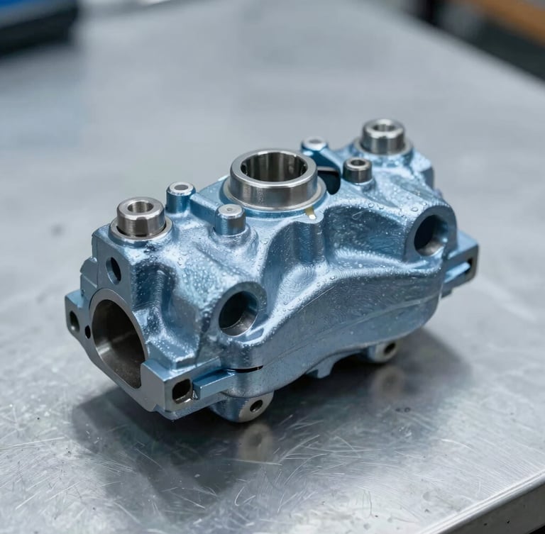 A macro close-up of a pristine, uninstalled steel brake caliper resting on a clean slate industrial workbench, cool high-contrast studio lighting, metallic reflections, 50mm lens