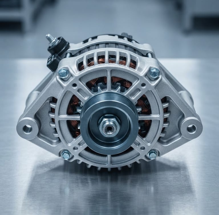 Macro close-up of a pristine, uninstalled metallic alternator on a clean steel surface, cool studio lighting, sharp reflections, 50mm